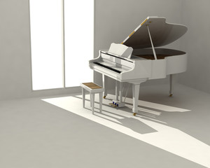 White classic piano in empty white room