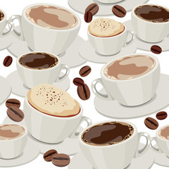 Seamless pattern with different cups of coffee