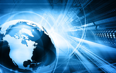 blue world map and skyscrapers