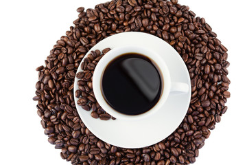 Cup of coffee and coffee beans