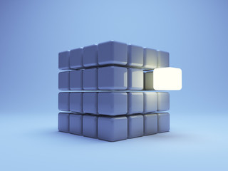 illuminated cube 3d on blue background