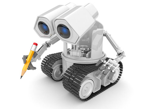 Robot hold a pencil in a hand. 3d person. illustration isolated