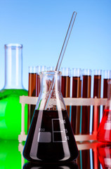 Test tubes closeup on blue background