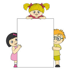 Niños con cartel blanco para poneer texto