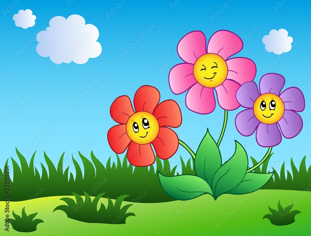 Sticker three cartoon flowers on meadow