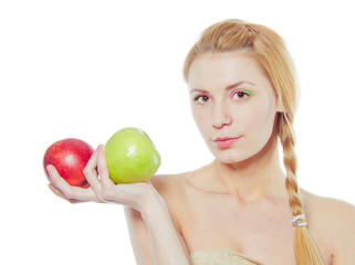 woman with green and red apple isolated on white