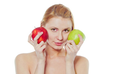 woman with green and red apple isolated on white