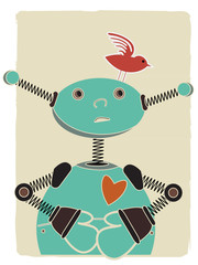 Robot looking at bird on head retro style illustration