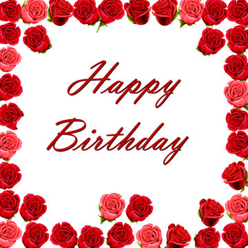 Happy Birthday with a border of red roses