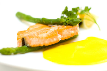 Salmon and aspargus with garnish - shallow depth of field