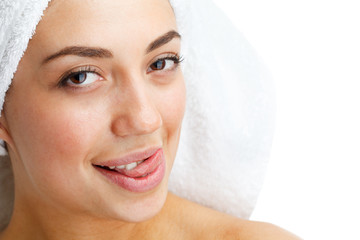 Portrait of young beautiful woman after bath.