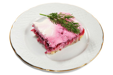 Layered salad of herring, potatoes, beets and mayonnaise