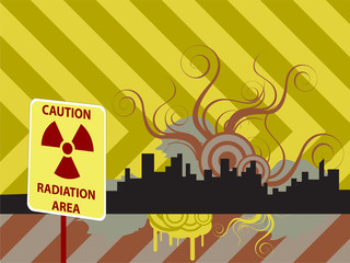 Nuclear warning sign in front of abstract city