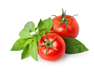 tomatoes and basil isolated on white.