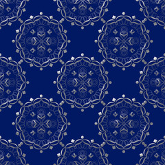 Silver and Prussian Blue Round Damask Seamless Pattern
