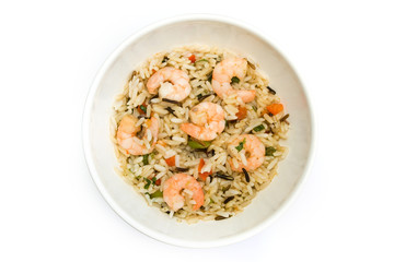Thai prawn and rice dish over white