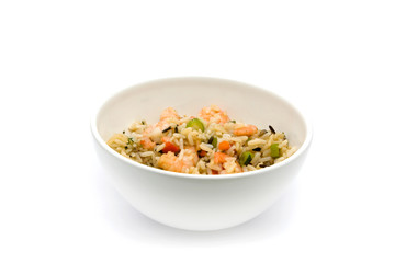 Thai prawn and rice dish over white