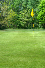 Obraz premium Vibrant image of golf course with flag and fairway in sun