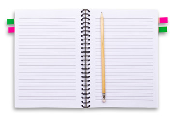 white notebook and pencils isolated