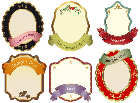 Set or six isolated labels with ribbons on white