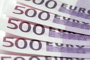 Close-up of five 500 Euro bank notes, row of european money