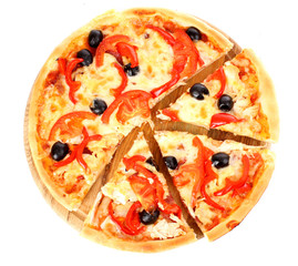 Pizza with olives and tomatoes closeup