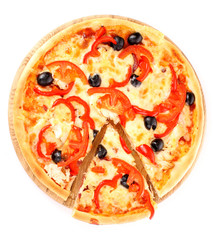 Pizza with olives and tomatoes closeup