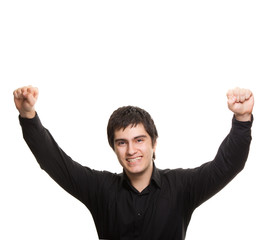 Portrait of lucky young man in black shirt on white background