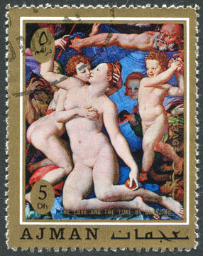 Postage stamp Ajman 1970: Venus, Cupid, and Time