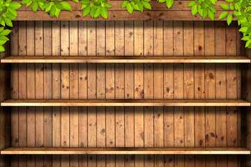 Wooden book shelf with leaves