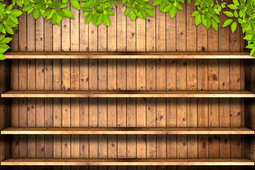 Wooden book shelf with leaves