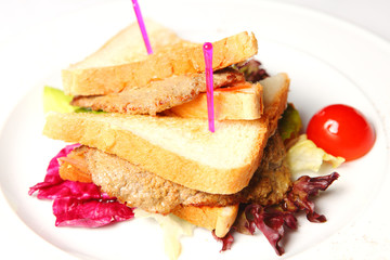 Sandwich with beef on a white plate