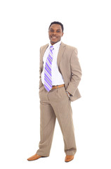 Young black businessman over white background.