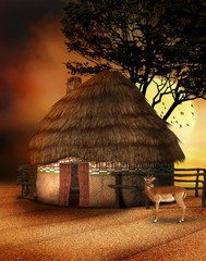 Afrykańska chatka z antylopą - obrazy, fototapety, plakaty