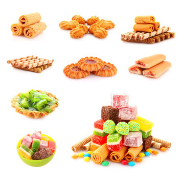 Set of colorful candies jelly on yellow background
