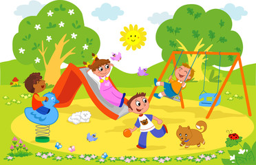 Obraz na płótnie Canvas Szczęśliwe dzieci bawiące się na placu zabaw