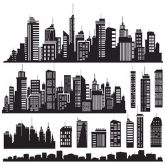 Set of vector cities silhouette and elements for design.