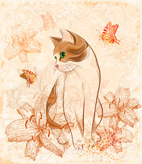 Vintage birthday card with cat and lilies. - 32054027