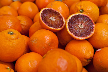 Fresh and juicy Sicilian blood oranges on display at an Italian