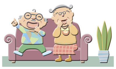 ソファに座る老夫婦