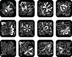 set of decorative black flowers