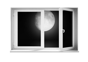 The full moon at night behind a window