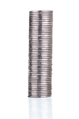 Silver coins stack on white