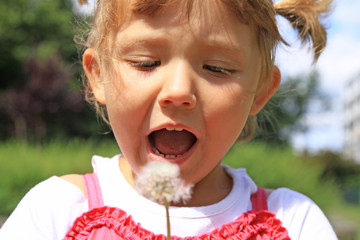 Girl blowing a dandelion - obrazy, fototapety, plakaty
