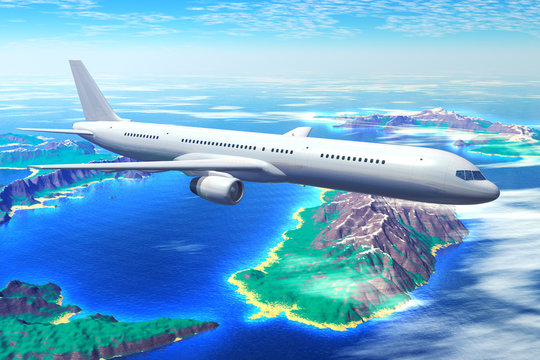 Scenic airliner flight over the ocean with resort islands