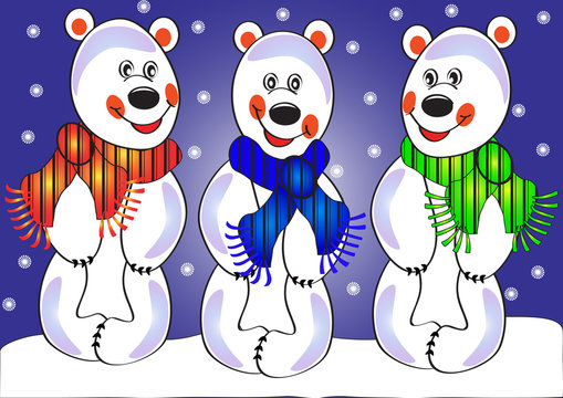 three merry polar bears on snow