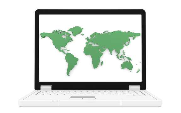 Laptop with a green world map