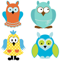 Set of cute colorful owl birds