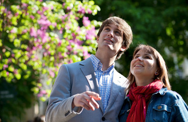 Happy couple outdoors at spring