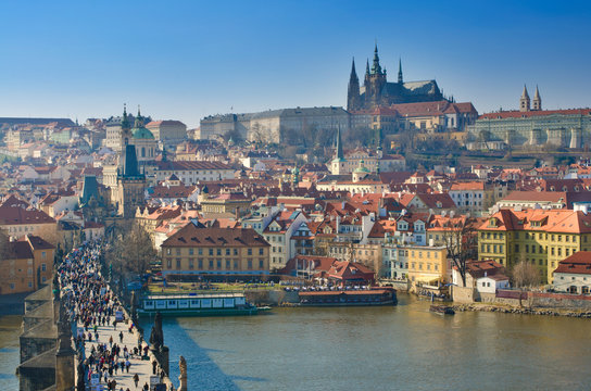Prague, Charles bridge and Prague Castle, Vltava panorama